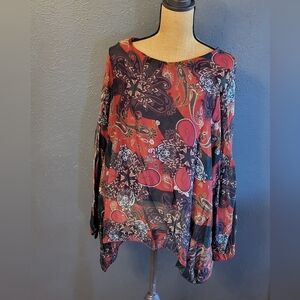 M Made In Italy Medium Viscose/Silk Long Sleeve Blouse Red Paisley Design